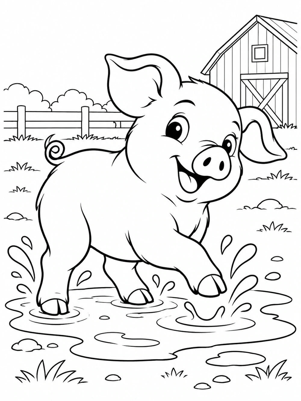 Black-and-white coloring page of a playful piglet splashing in a puddle, with a barn and fence behind it.