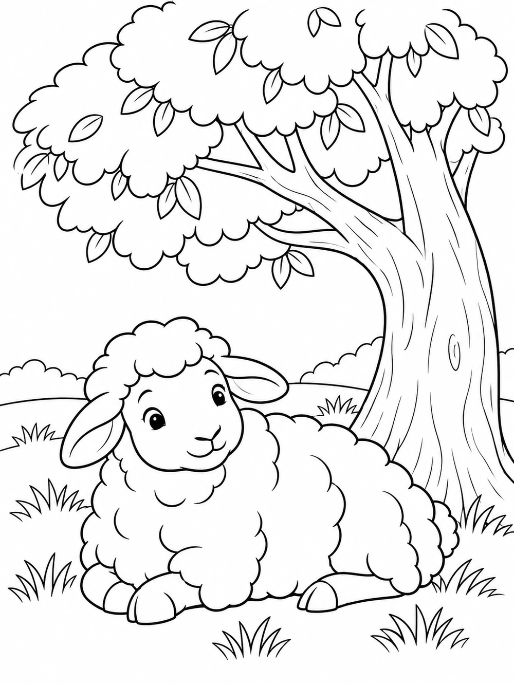 A gentle, large-fleeced sheep rests under a broad leafy tree, with grass tufts nearby.