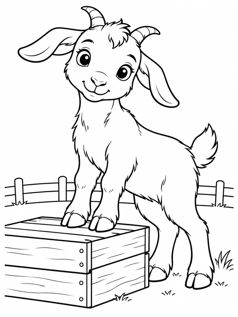 A friendly young goat with short horns and floppy ears stands with its front hooves on a wooden crate, with a fence and grass behind it.