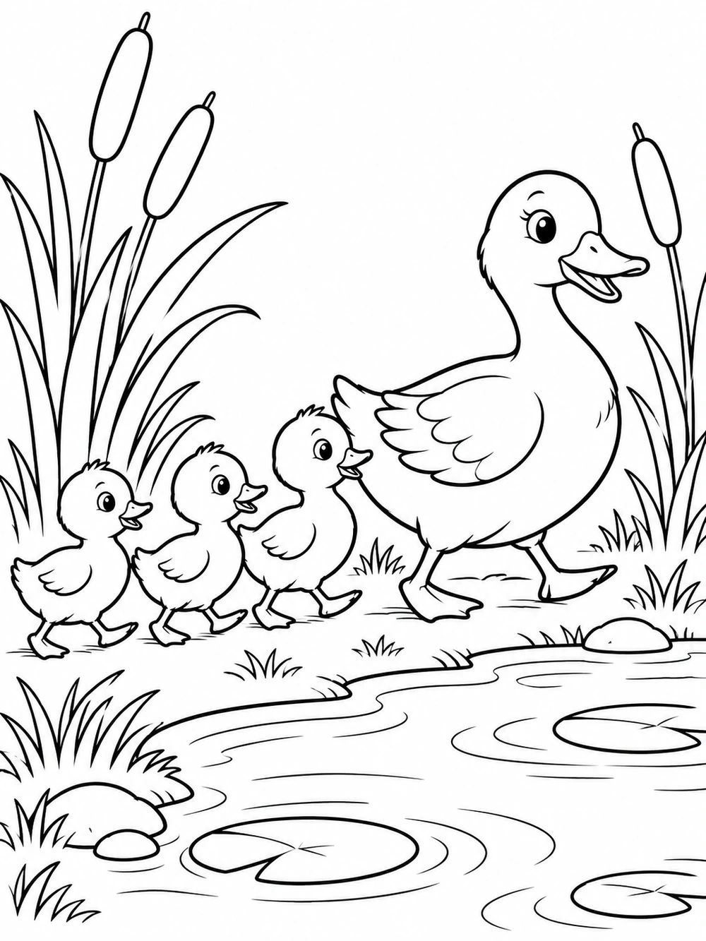 A mother duck leads exactly three ducklings beside a pond with reeds, ripples, and lily pads.