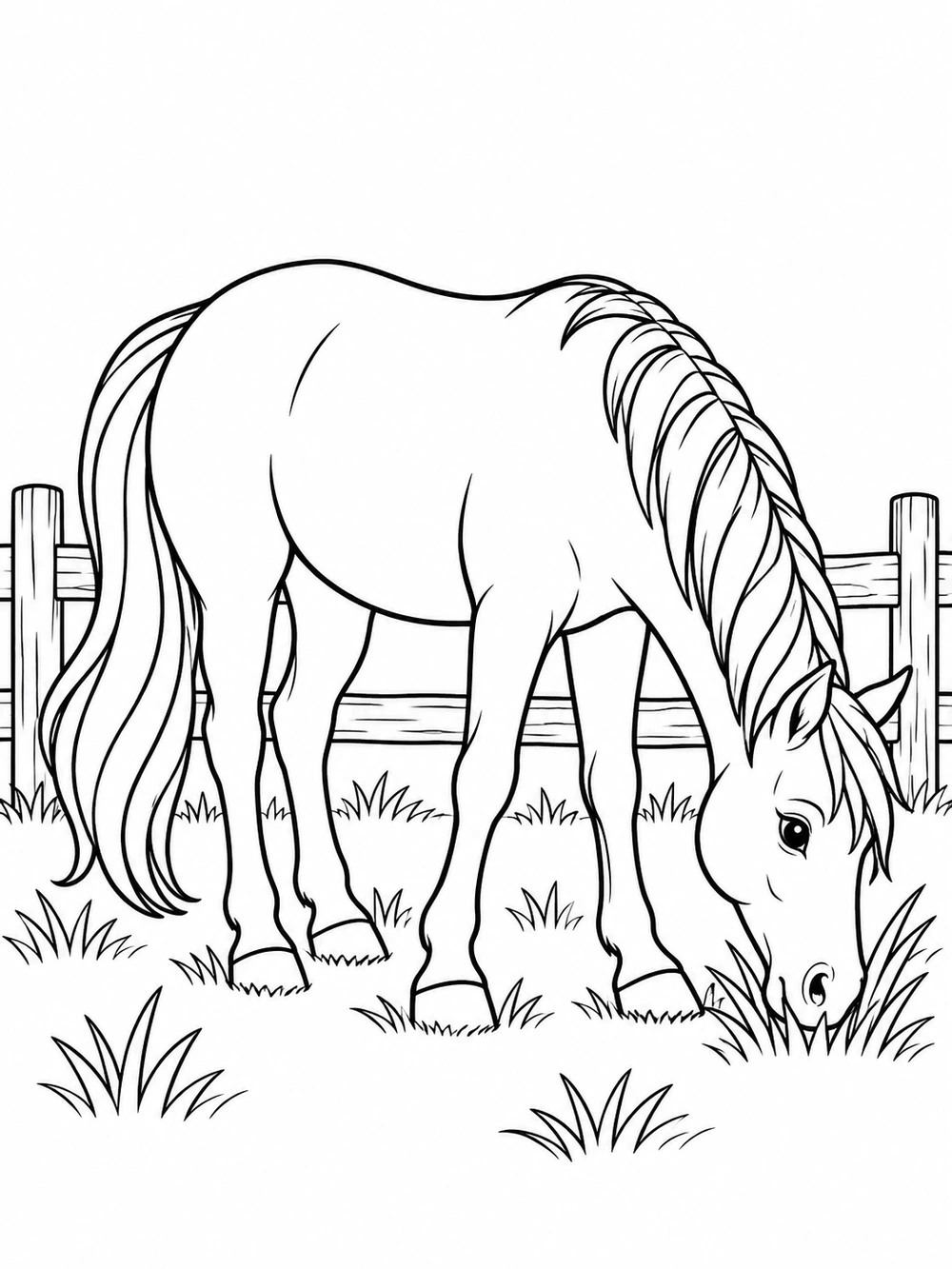 A horse lowering its head to graze beside a split-rail fence, with a long segmented mane and tail and tufts of grass.