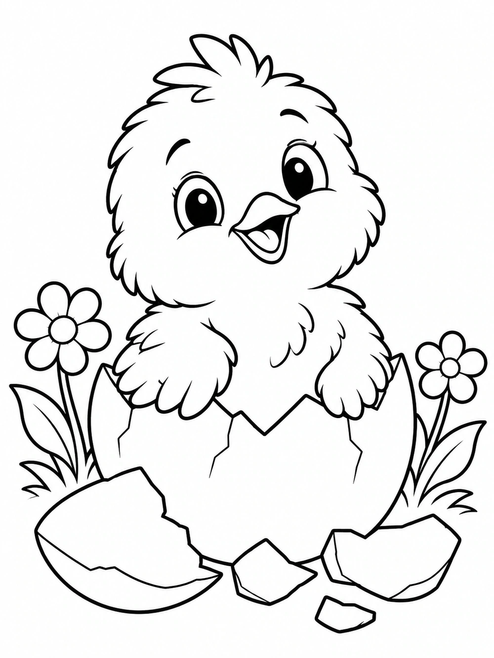 Fluffy chick sitting in a cracked eggshell between two flowers