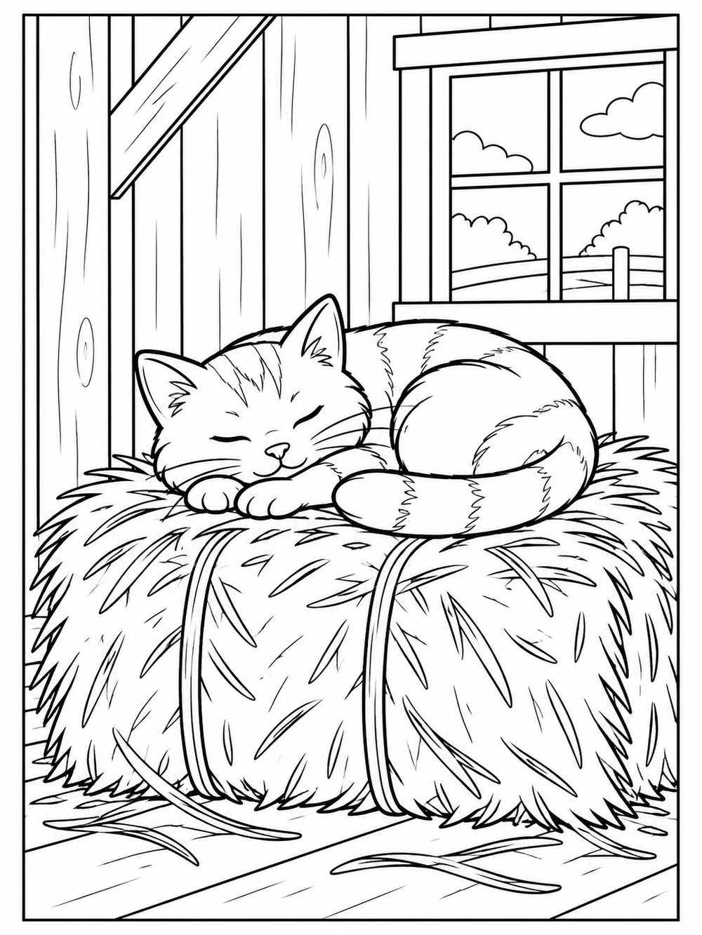 Black-and-white coloring page of a curled-up sleeping barn cat on a large hay bale inside a stall, with a window in the background.