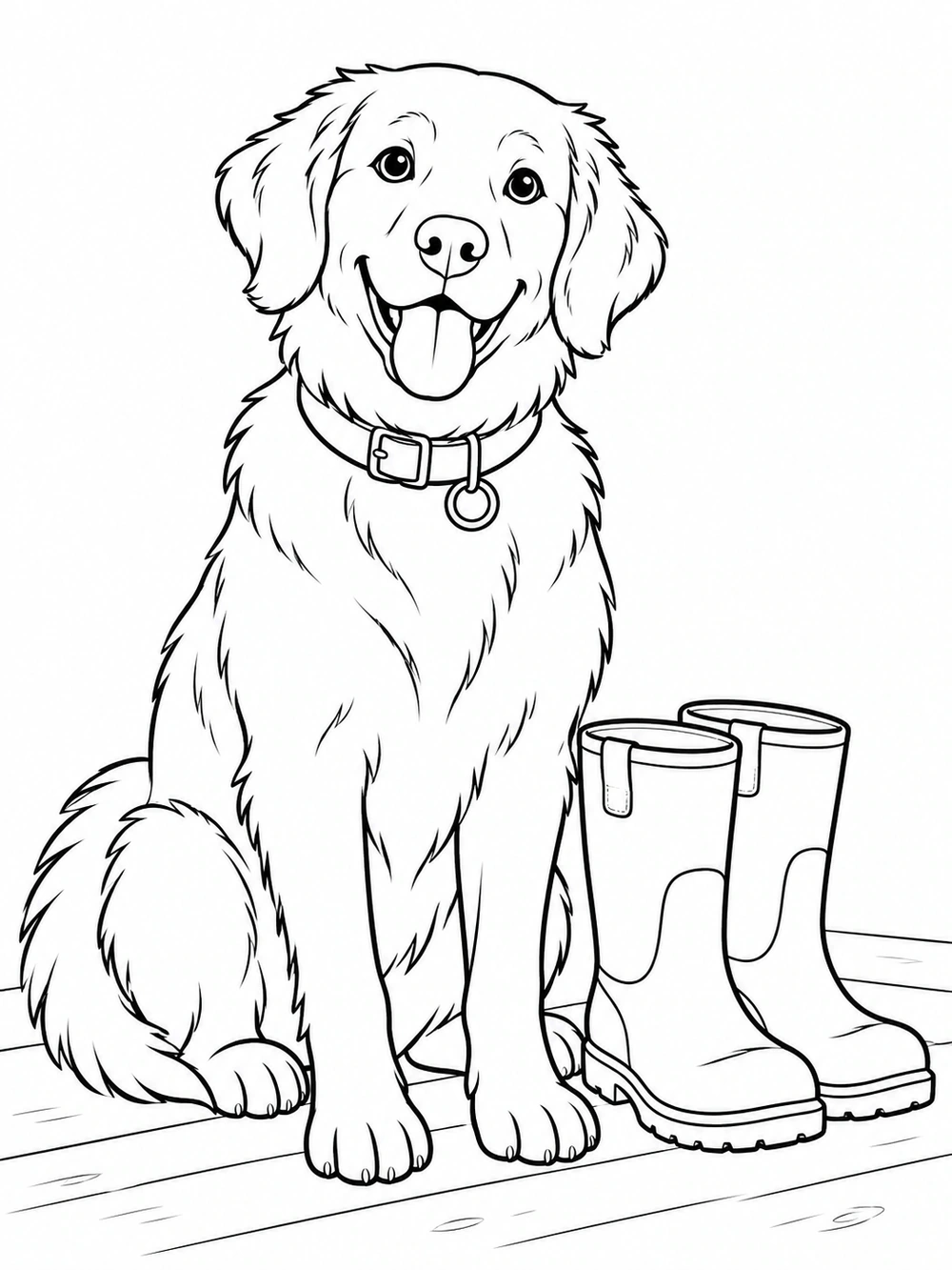 Black-and-white coloring page of an alert, collared farm dog sitting beside work boots on simple floorboards.