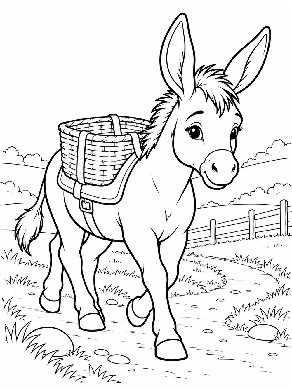 Gentle donkey with long ears and a small basket walking on a country path, with a distant fence and stones.