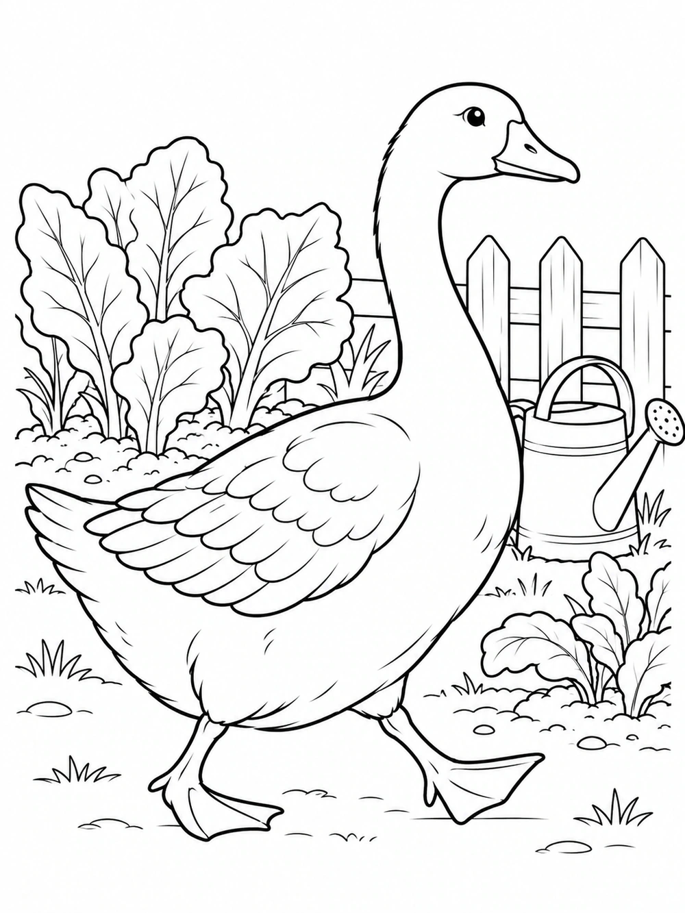 A large goose waddles beside leafy garden plants, a fence, and a watering can.