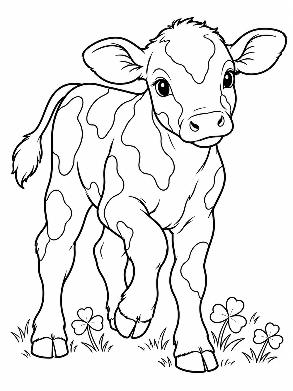 A young spotted calf lifts one foreleg among a few clover plants.