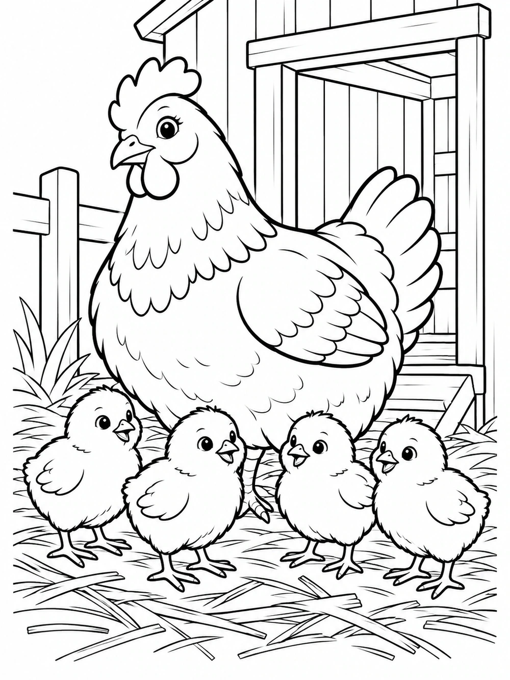 Mother hen with four chicks in front of a coop doorway, standing among straw.