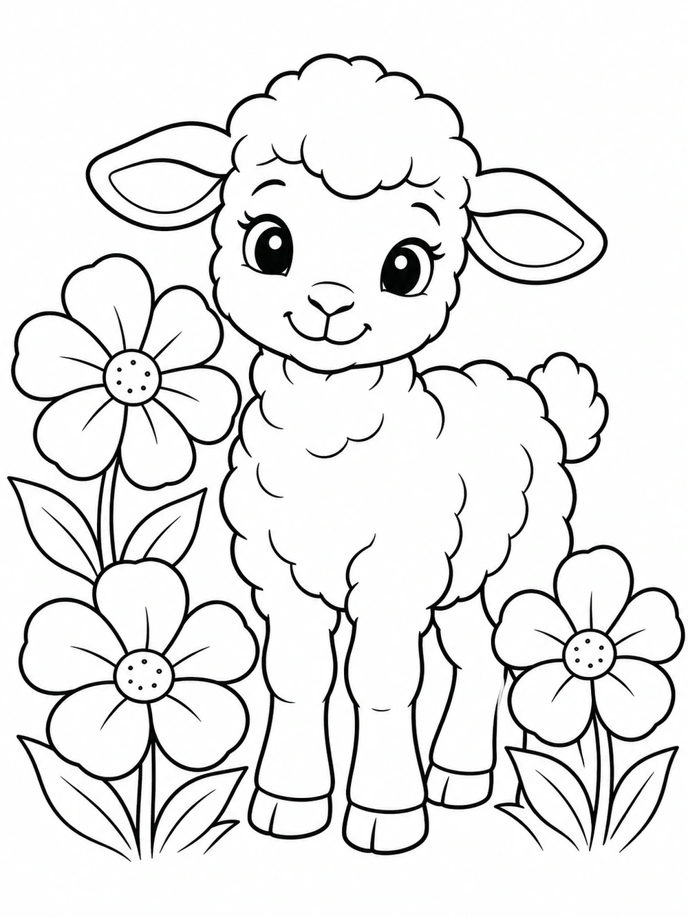 A fluffy, forward-facing lamb surrounded by three large flowers and leaves, drawn in bold black outlines on a white background.