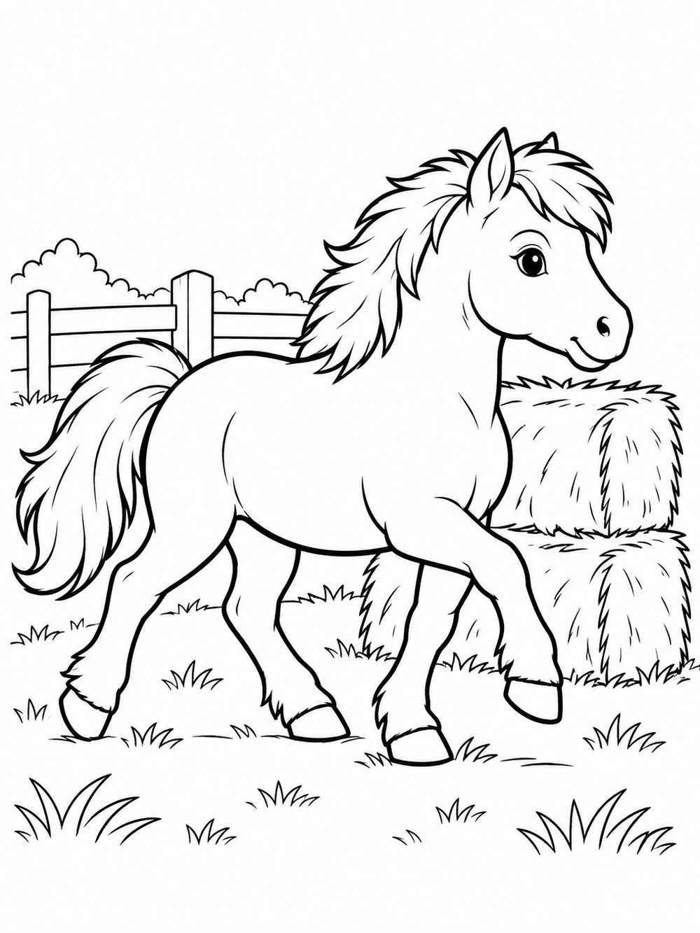 Black-and-white coloring page of a pony trotting past two stacked hay bales, with a fence and grass in the background.