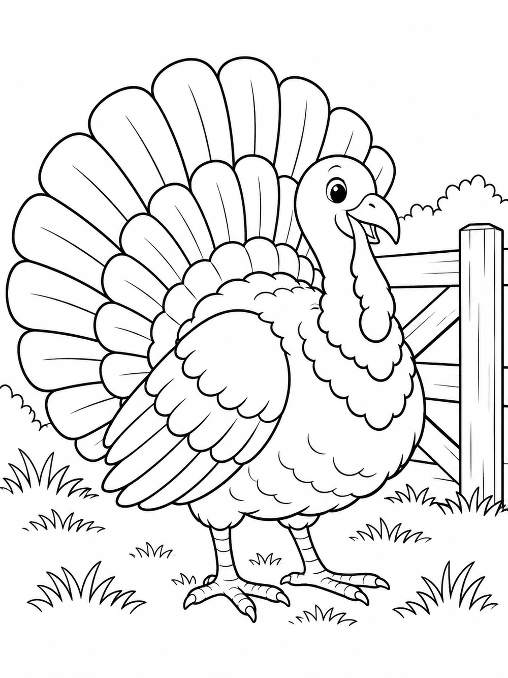 A rounded turkey with a broad fanned tail stands beside a wooden farmhouse gate, with small patches of grass around it.
