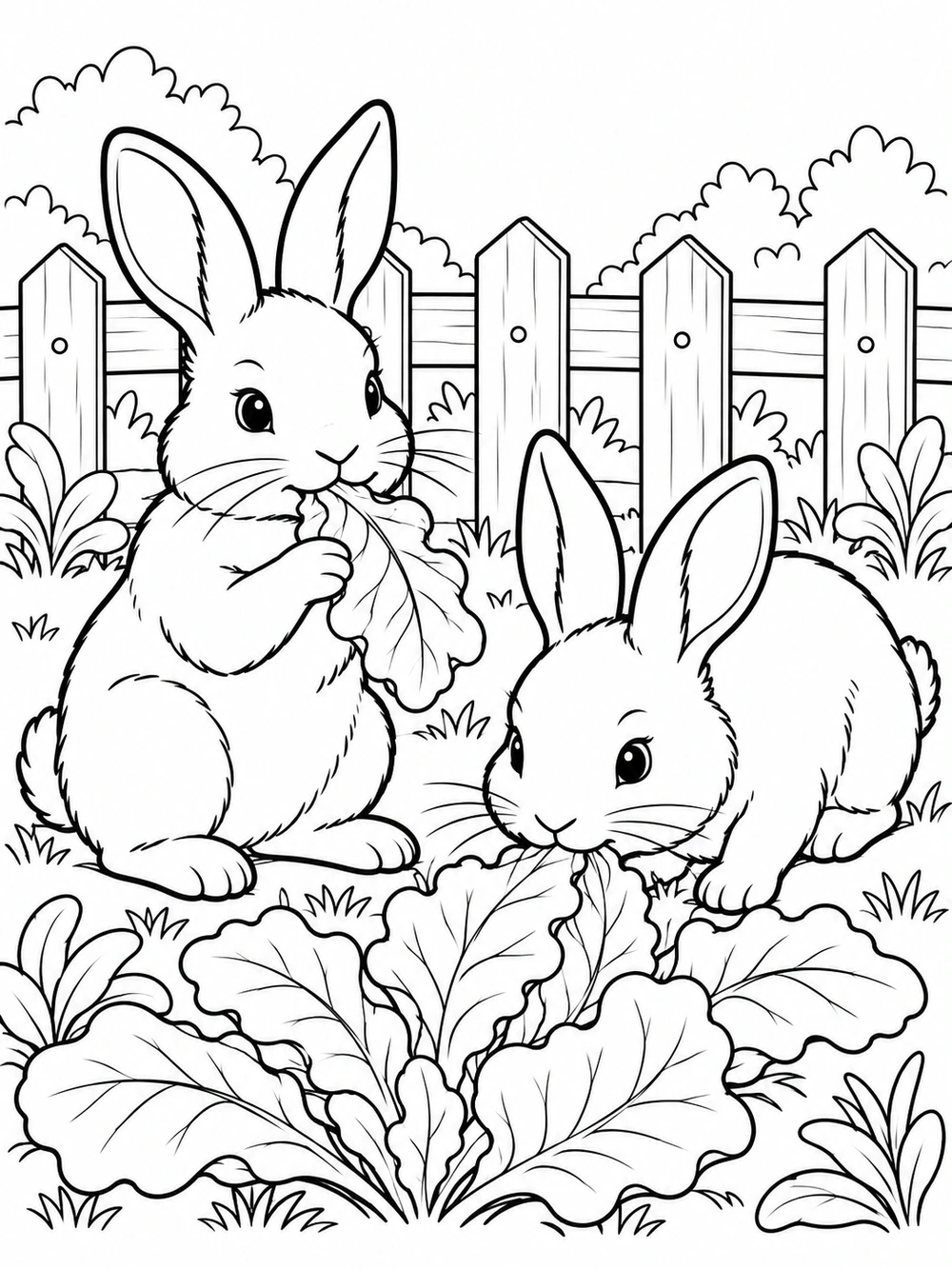 Two rabbits in distinct poses nibbling leafy greens in front of a garden fence.