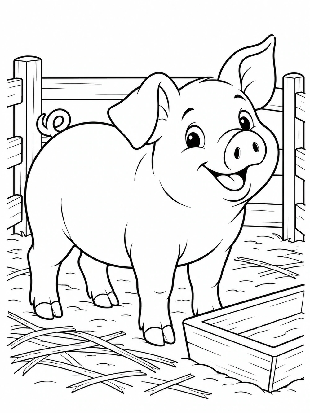 Cheerful pig in a fenced pen beside a trough and straw