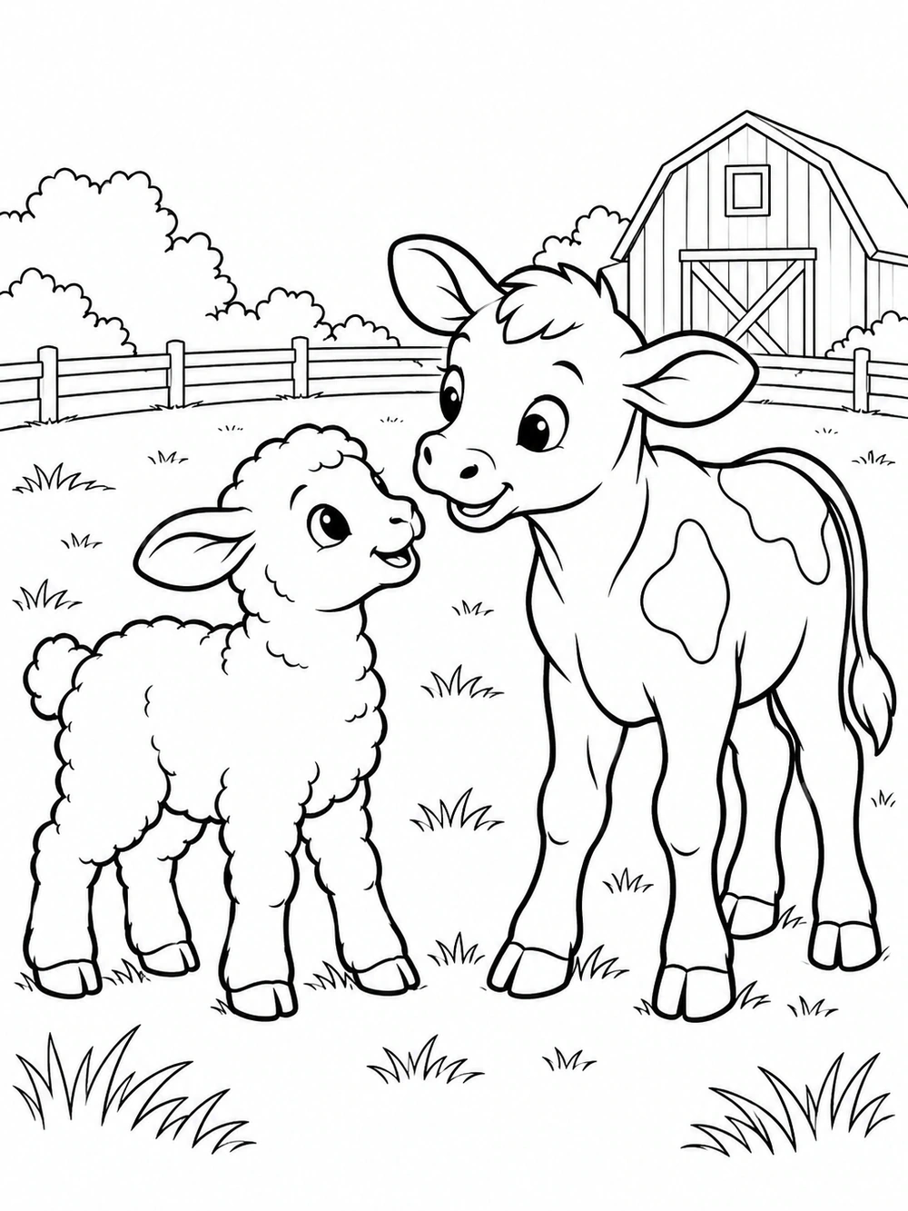 A fluffy lamb and spotted calf greeting each other in a farmyard with a barn in the background