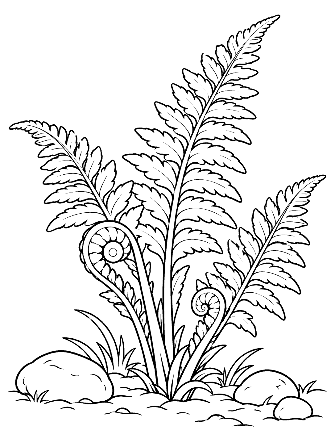 Black-outline coloring page of several ferns growing among stones in a forest clearing