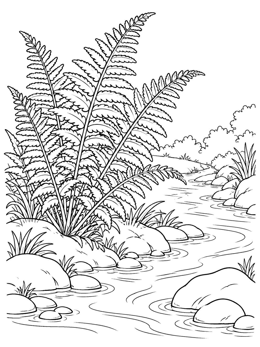 Black-outline coloring page of a large fern growing beside a winding, stone-lined stream.