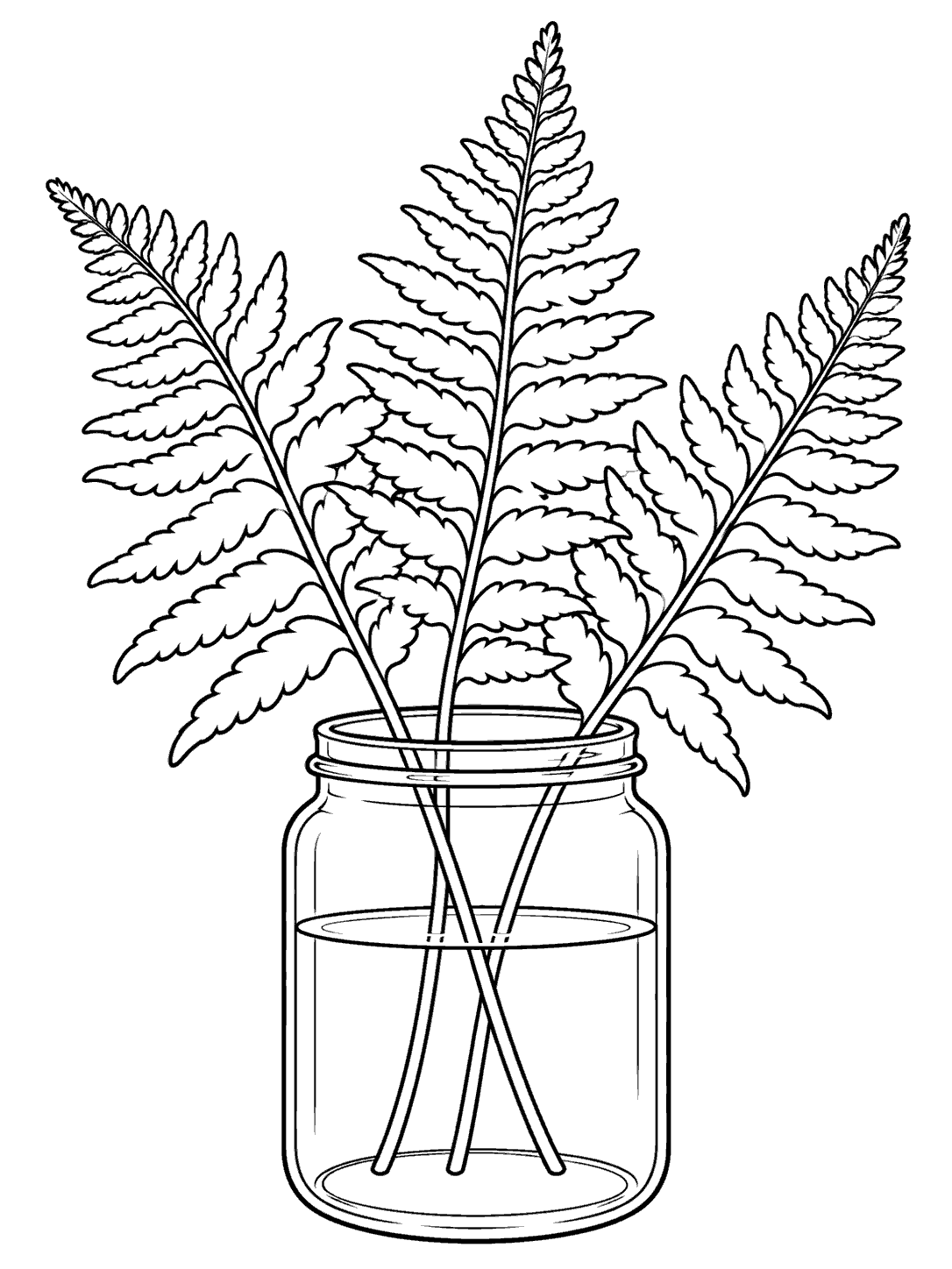 Three fern fronds arranged in a wide-mouth glass jar coloring page