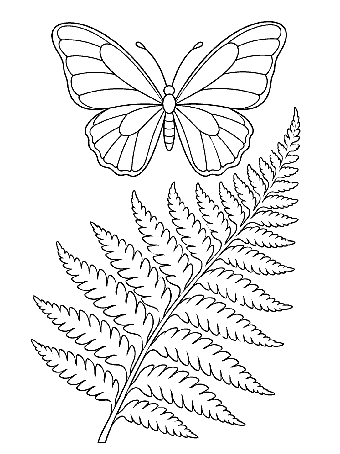 Black-outline coloring page of a lightly segmented butterfly above a single fern frond, with white margins.