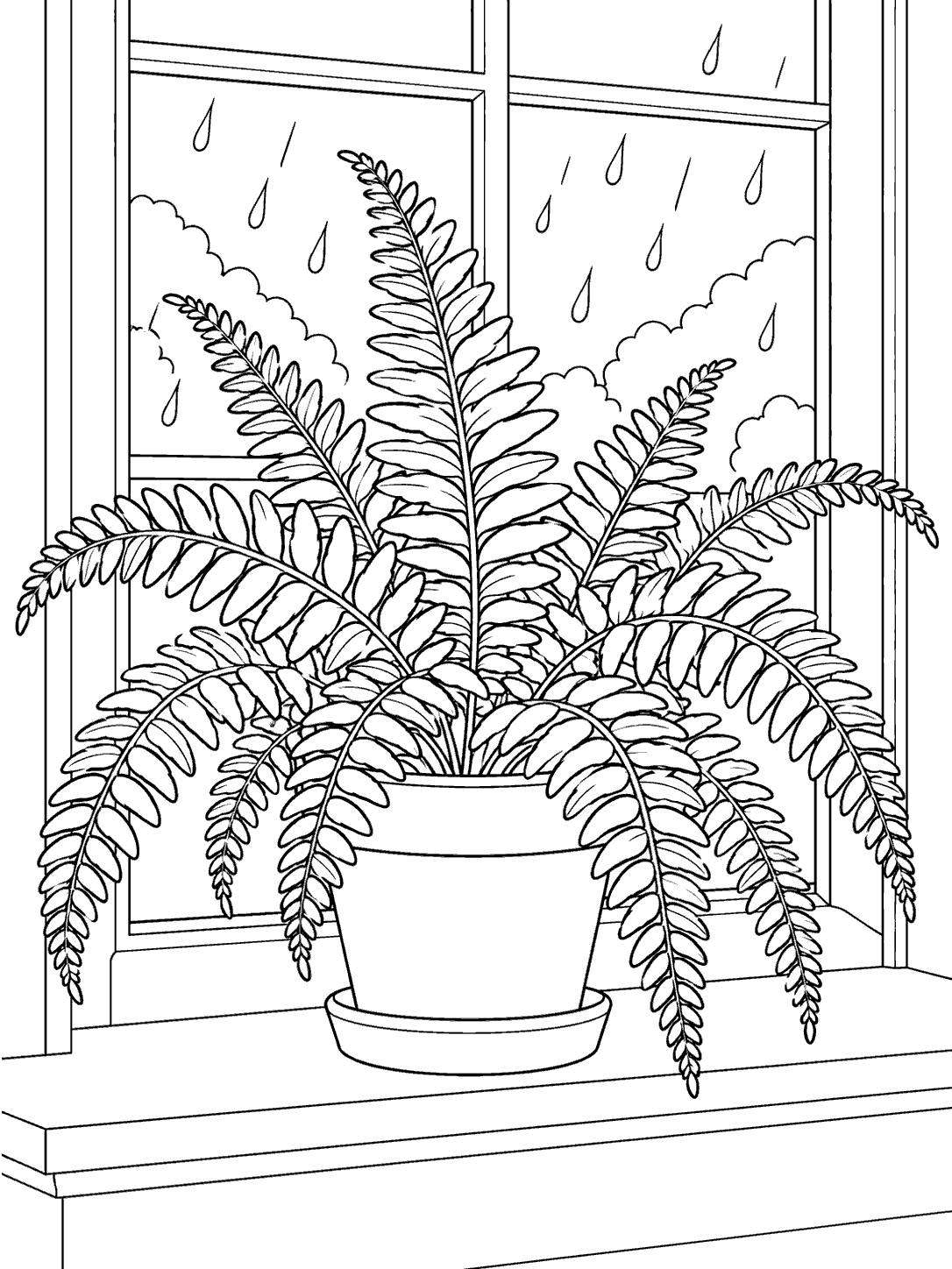 Black outline coloring page of a potted fern on a windowsill before a rainy window