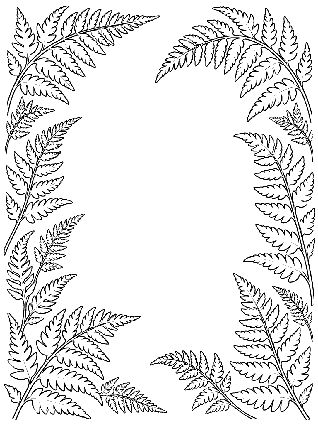 Fern frond border coloring page with leafy sprigs around a blank center