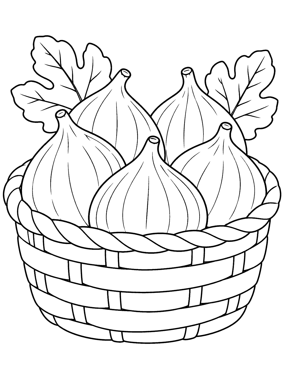 Five figs and two leaves in a woven basket coloring page