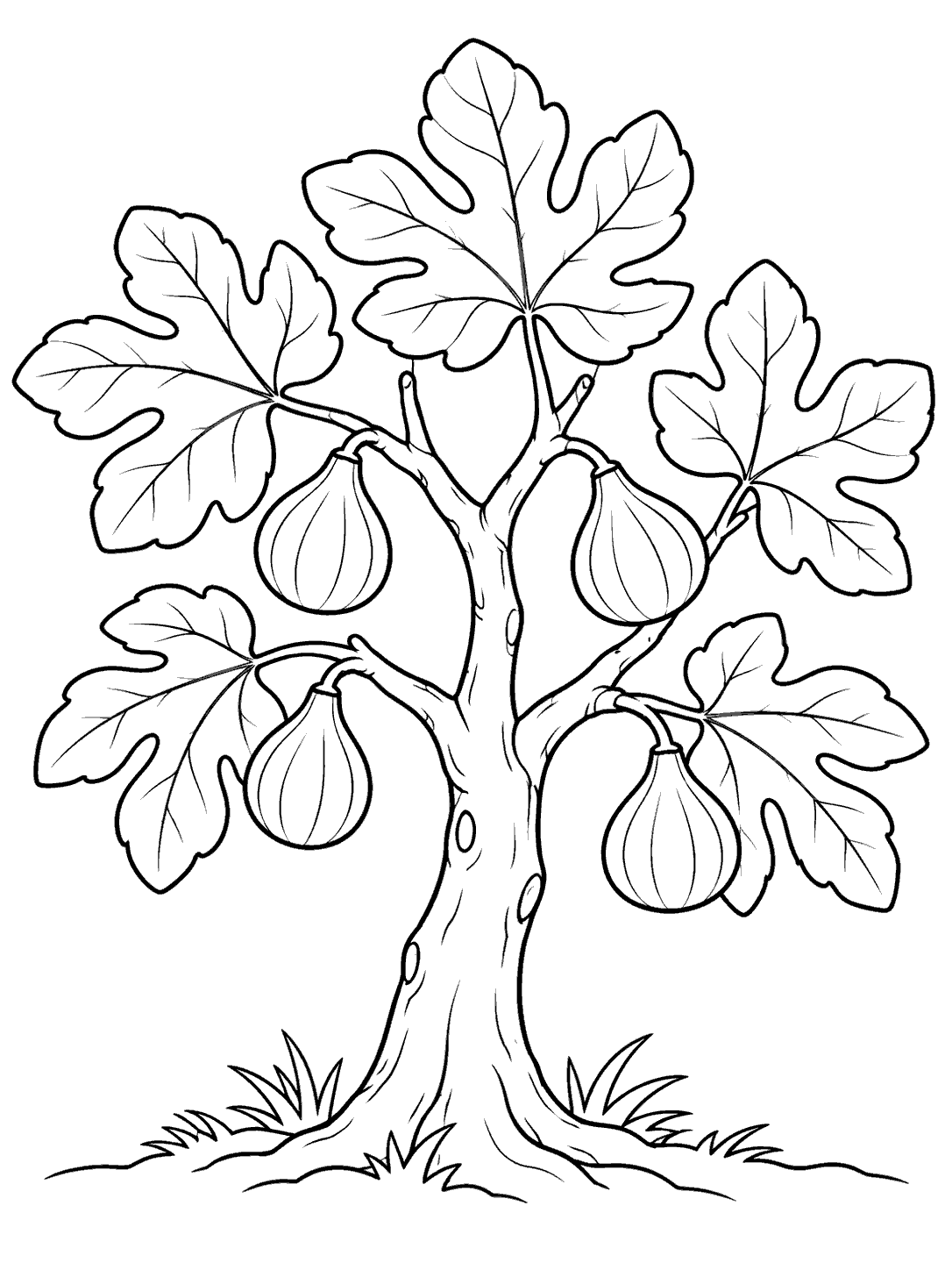 Centered fig tree with sturdy trunk, spreading branches, broad leaves, and four hanging figs in black outline