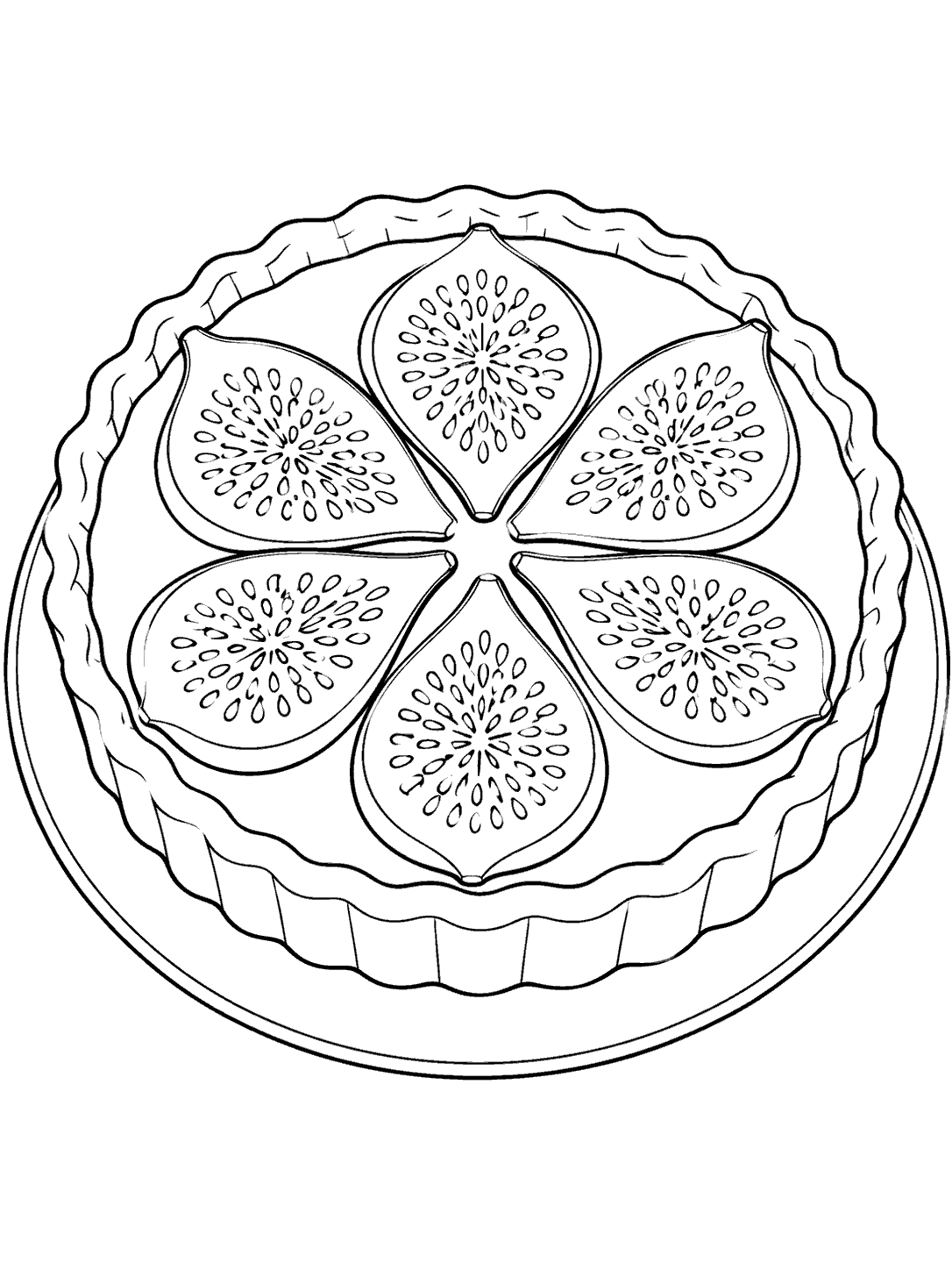 Black and white coloring page showing a round fig tart on a plate, topped with six fig slices.