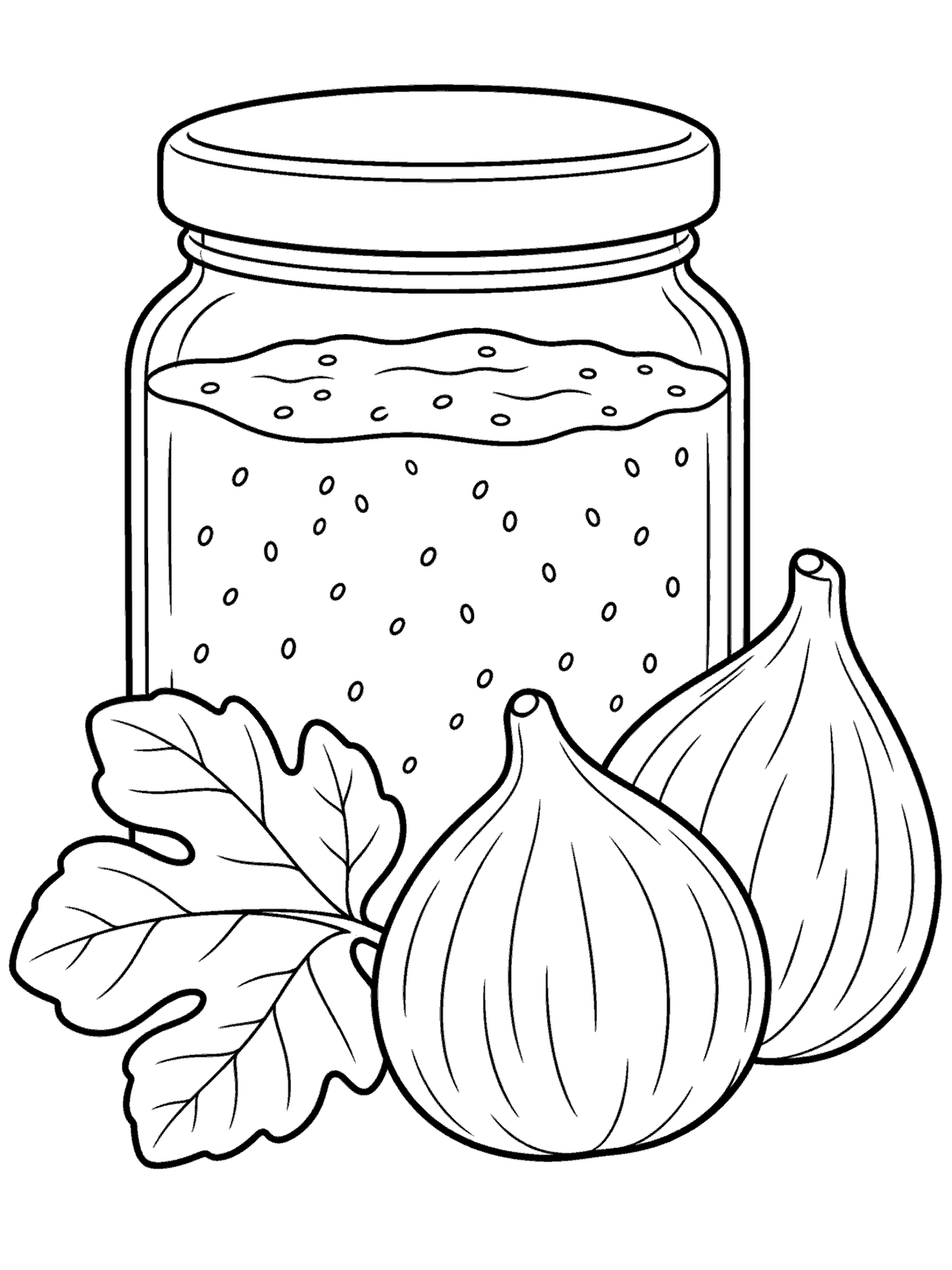 Fig jam jar beside whole figs and a leaf printable coloring page
