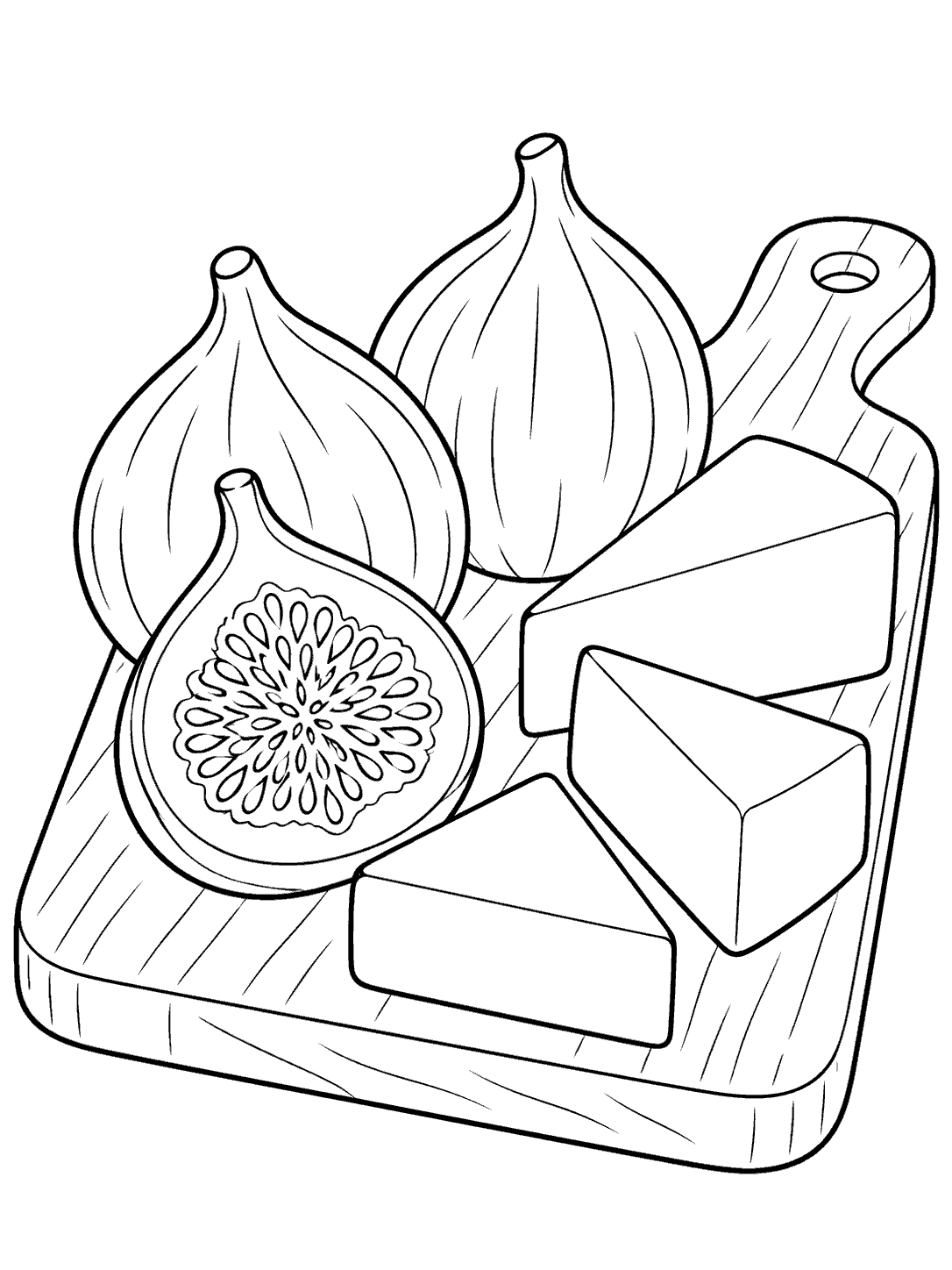 Two whole figs, one halved fig, and three cheese wedges on a serving board coloring page