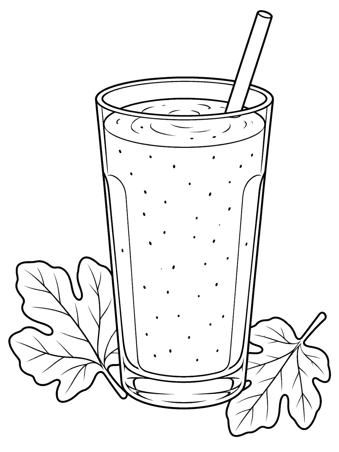 Tall glass of fig smoothie with a straw and two fig leaves in black outline.