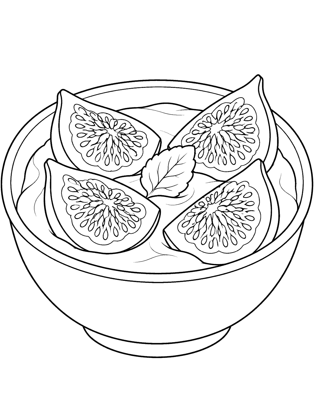 Coloring page showing a bowl of yogurt topped with four fig pieces and a leaf garnish.