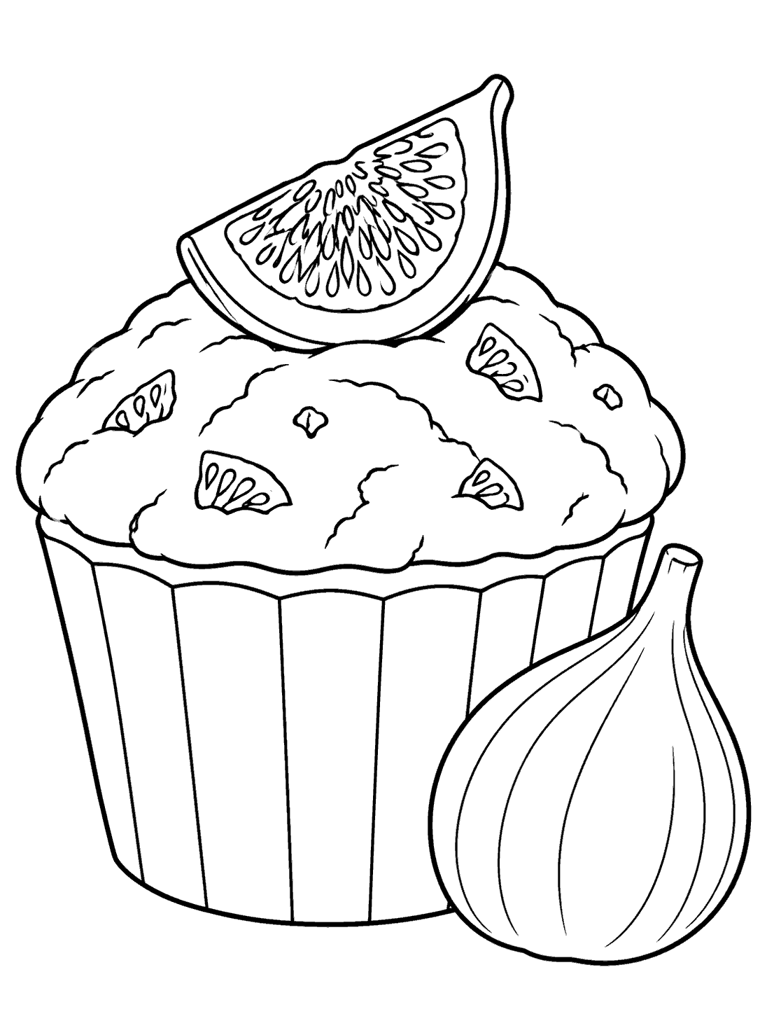 Printable coloring page showing a fig-topped muffin beside a whole fig