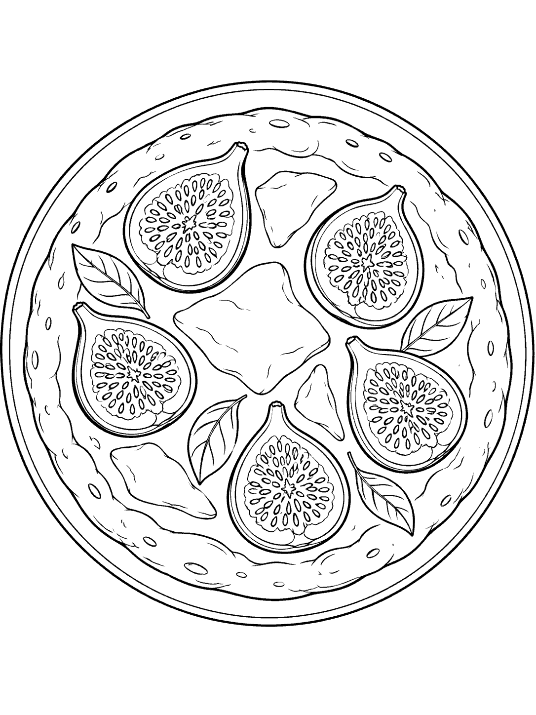 Round flatbread topped with five fig slices and cheese shapes, shown as a coloring page.