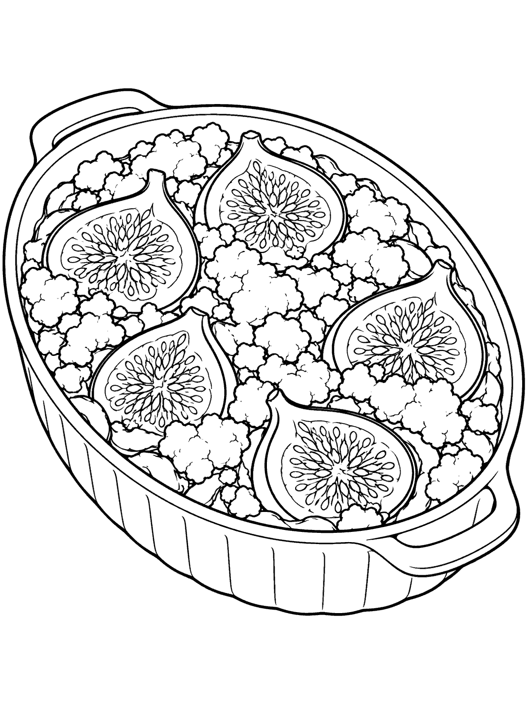 Black outline coloring page of a shallow oval dish with fig halves and crumble topping