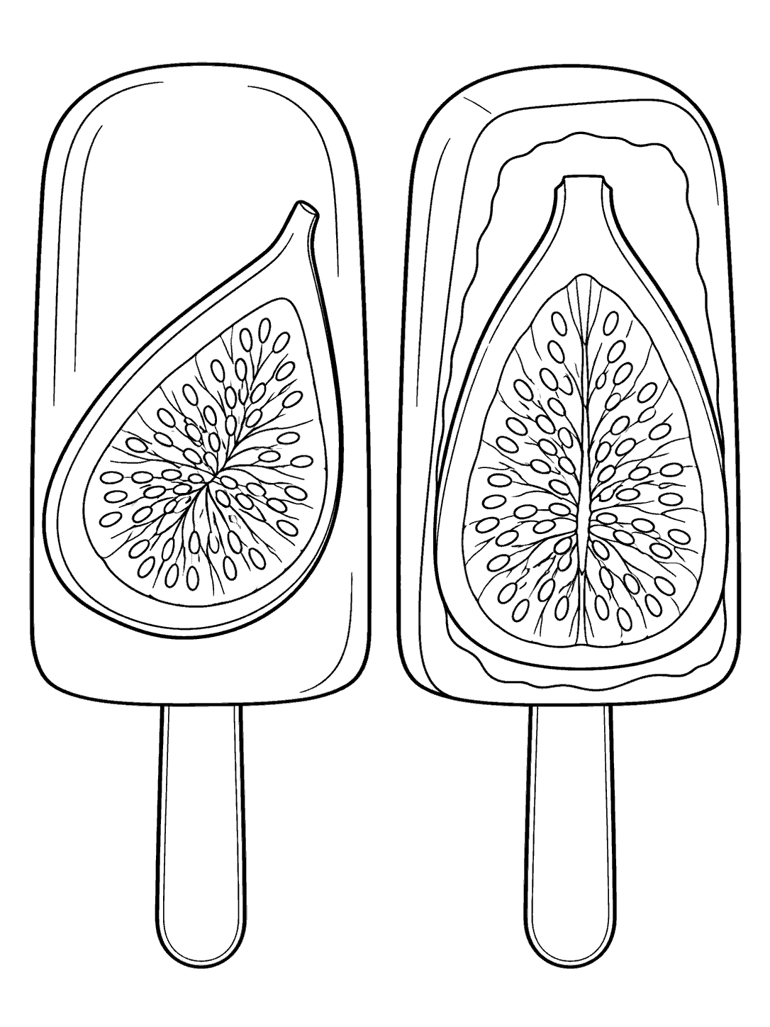 Two fig popsicles with fruit details coloring page