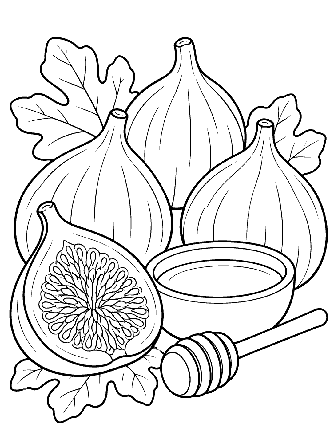 Three whole figs, a halved fig, a honey dish, and dipper in a printable coloring page