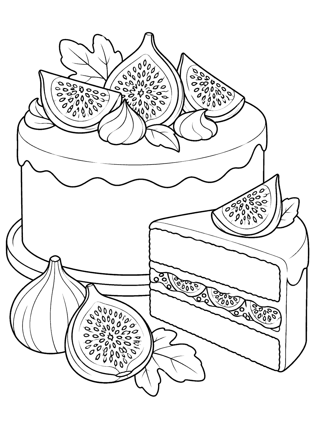 Black outline coloring page of a round cake decorated with fig slices, beside a cut slice showing layers and fig filling.
