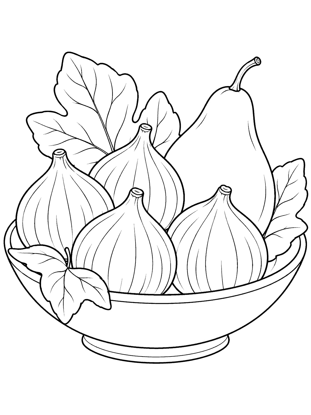 Black outline coloring page showing four figs and one pear with leaves in a shallow bowl.