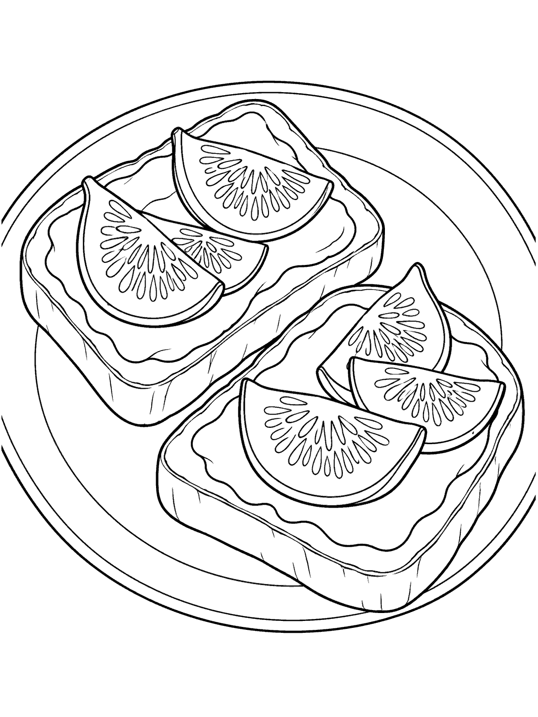 Two fig-topped toast slices on a plate, shown as a black-and-white coloring page.