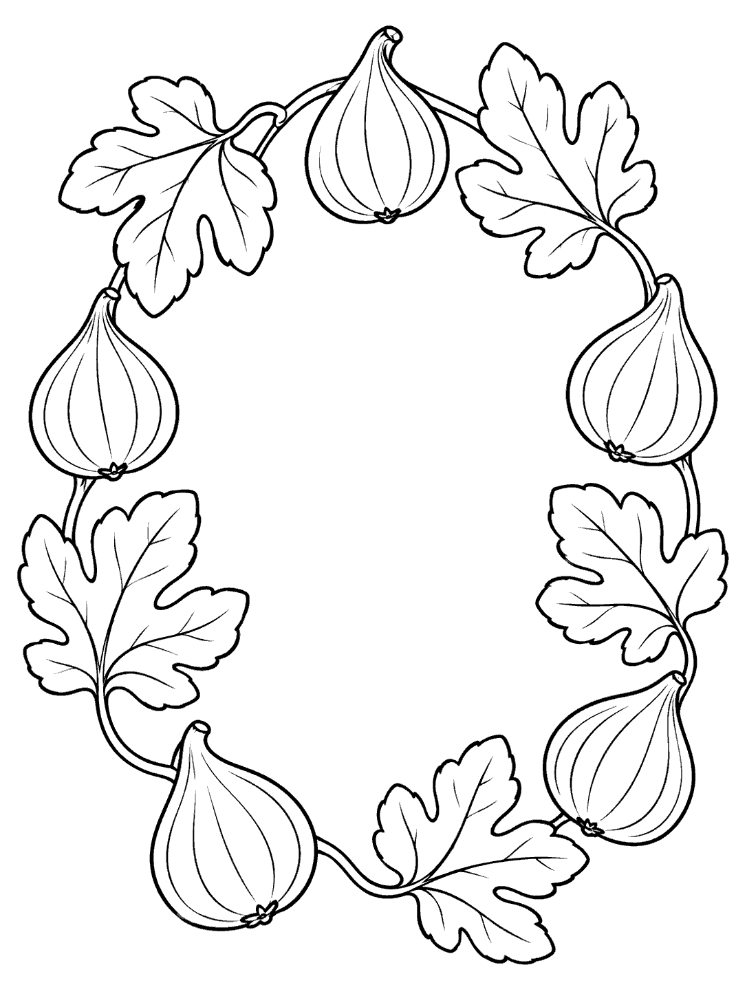 Five outlined figs and large lobed leaves form an open oval garland around a clear center.