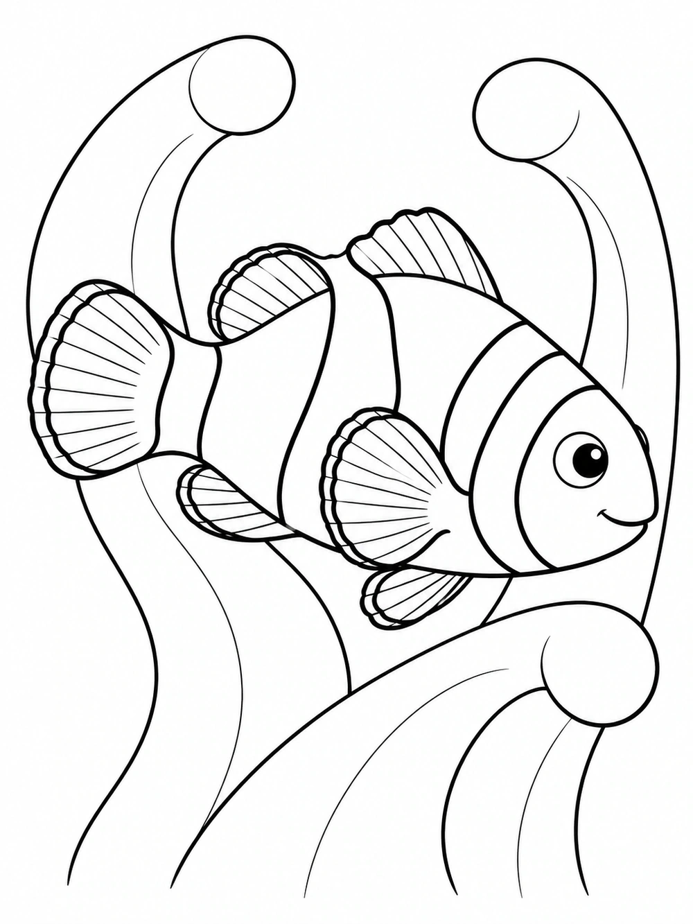 A side-view clownfish with bold stripe sections swimming among large curling anemone tentacles.