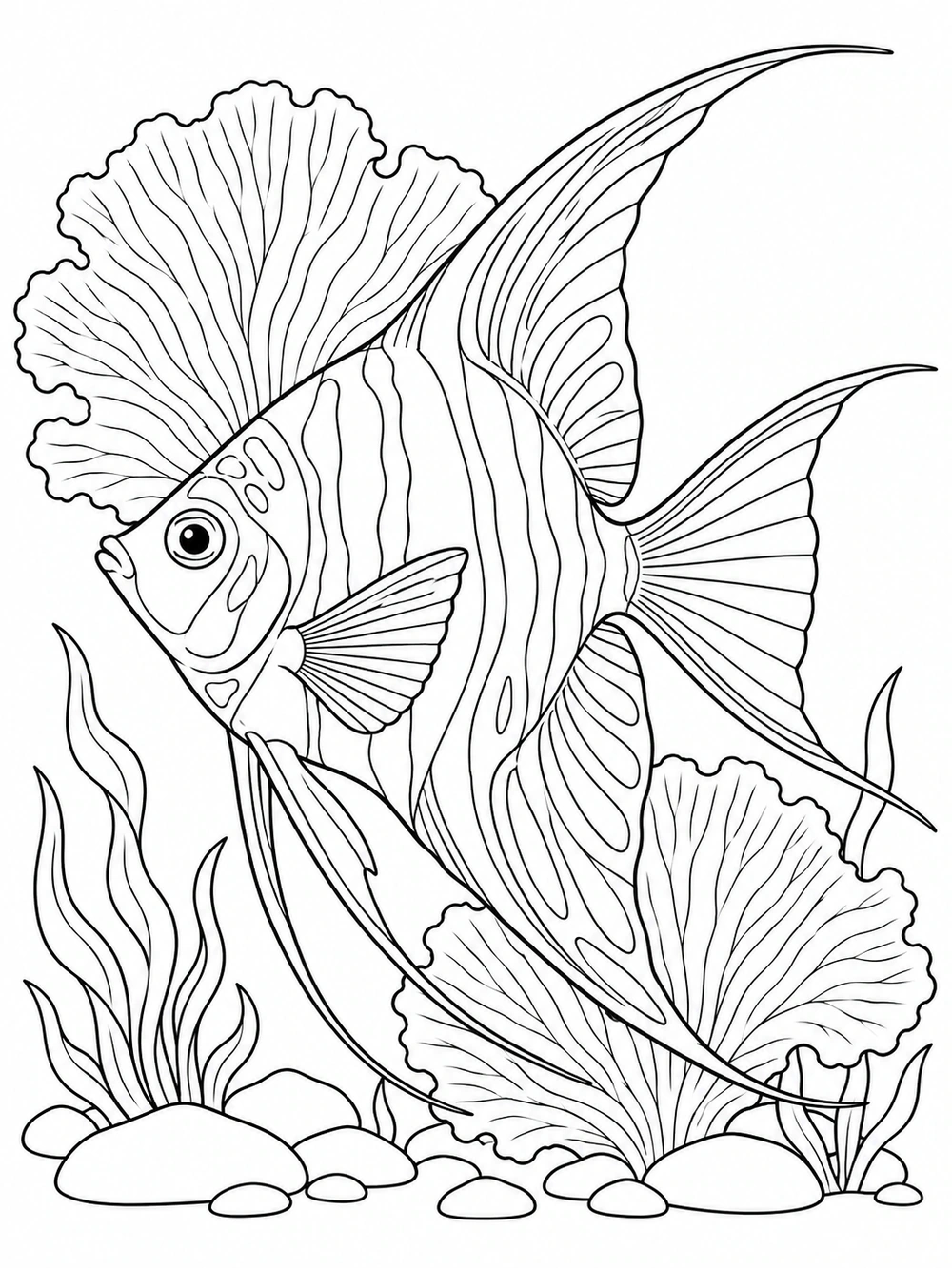 A left-facing freshwater angelfish with flowing patterned fins swimming past two fan-shaped coral forms, with sea plants and stones along the bottom.