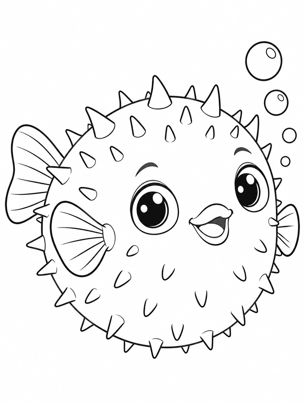 Round, gently puffed pufferfish with large expressive eyes, short spines, small fins, and bubbles rising beside it.
