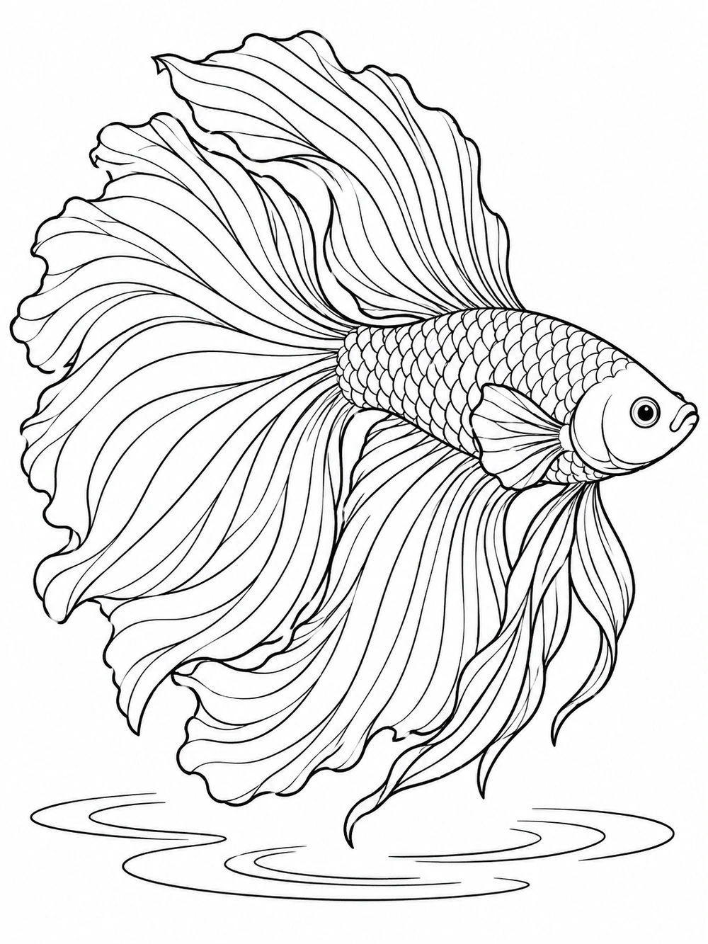 Right-facing betta fish with flowing ribbon-like fins and water ripples
