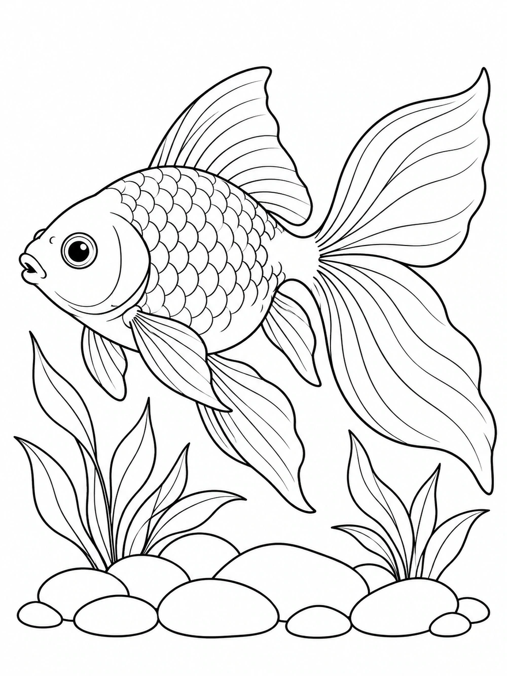 Large-eyed goldfish with detailed scales and flowing fins above aquarium pebbles and plants