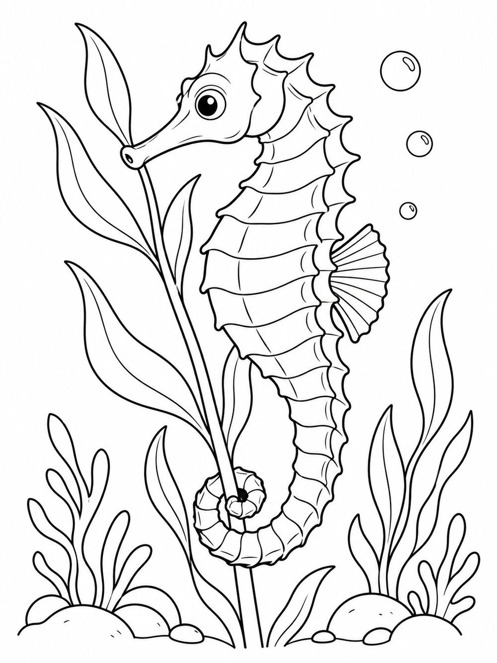 A ridged seahorse curls its tail around a tall sea plant, with bubbles and seaweed nearby.
