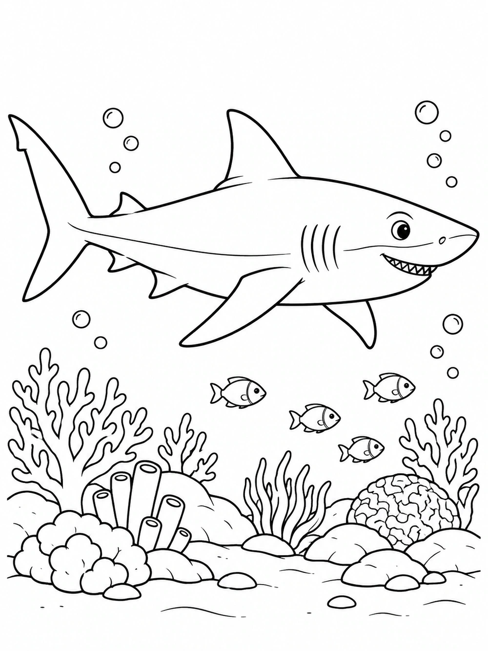 Large smiling reef shark swimming above coral, rocks, and small fish
