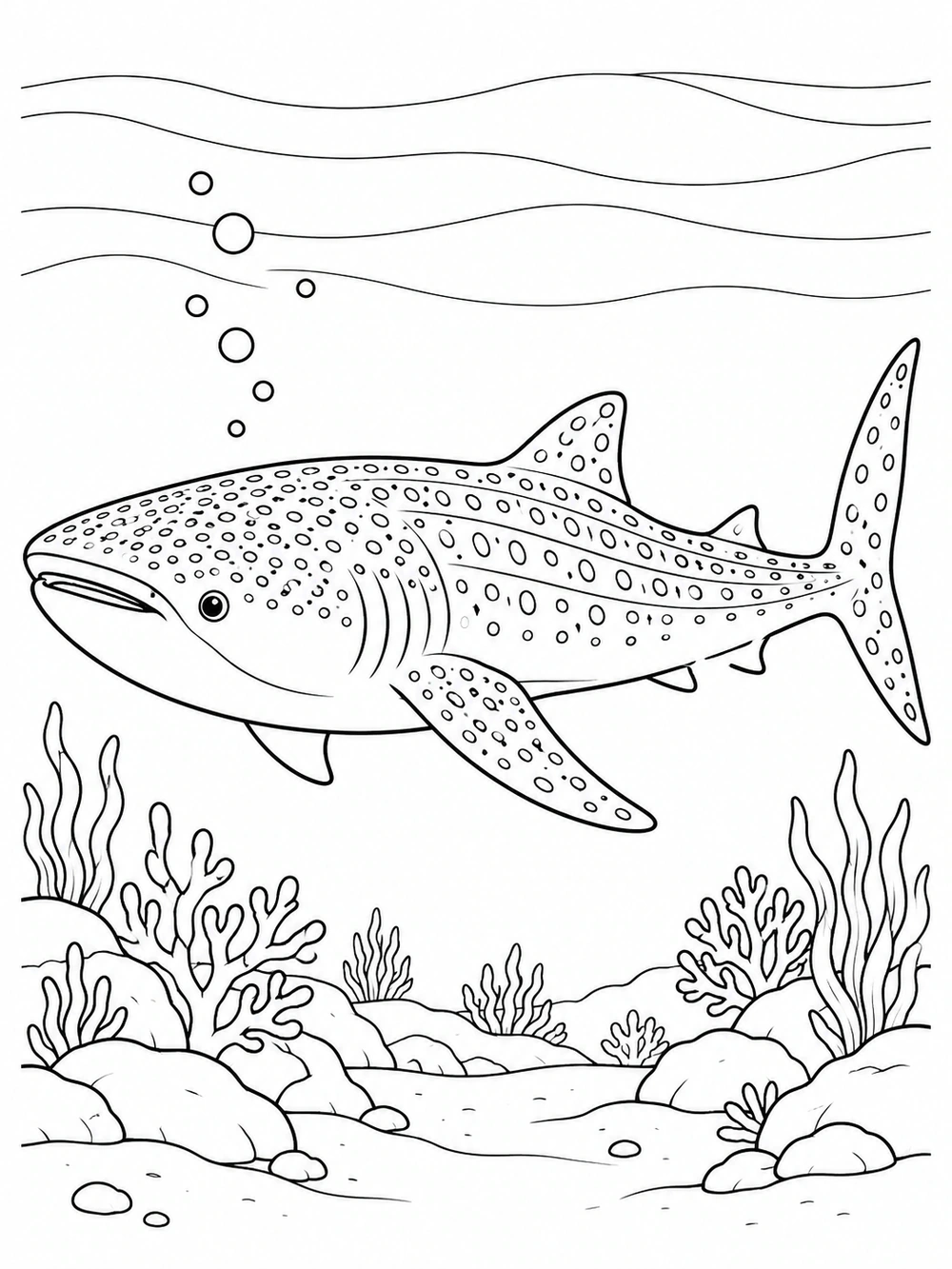 Black-and-white coloring page showing a large spotted whale shark swimming above rocks and sea plants, with bubbles overhead.