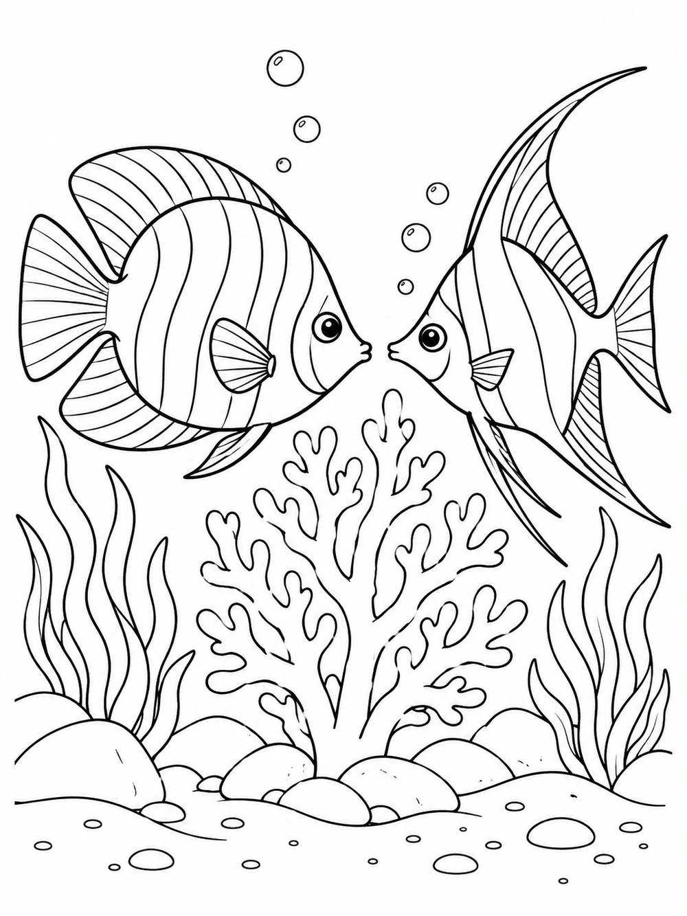 A rounded tropical fish and a slim, pointed-fin fish face each other above branching coral, with bubbles overhead and sea plants and stones below.