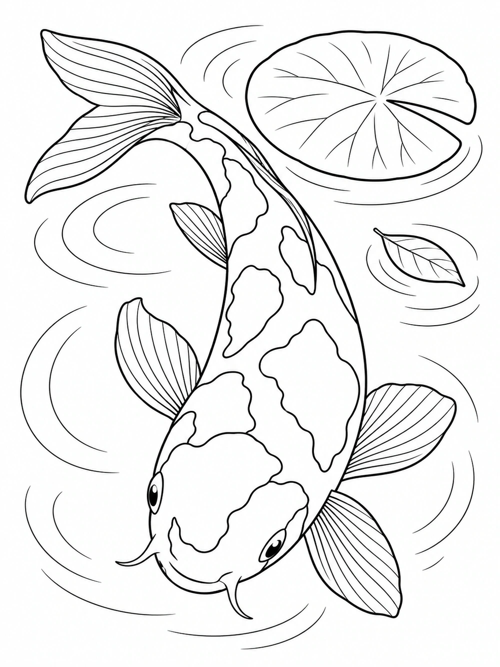 A large patterned koi curves through pond ripples beneath a lily pad, with a small floating leaf.